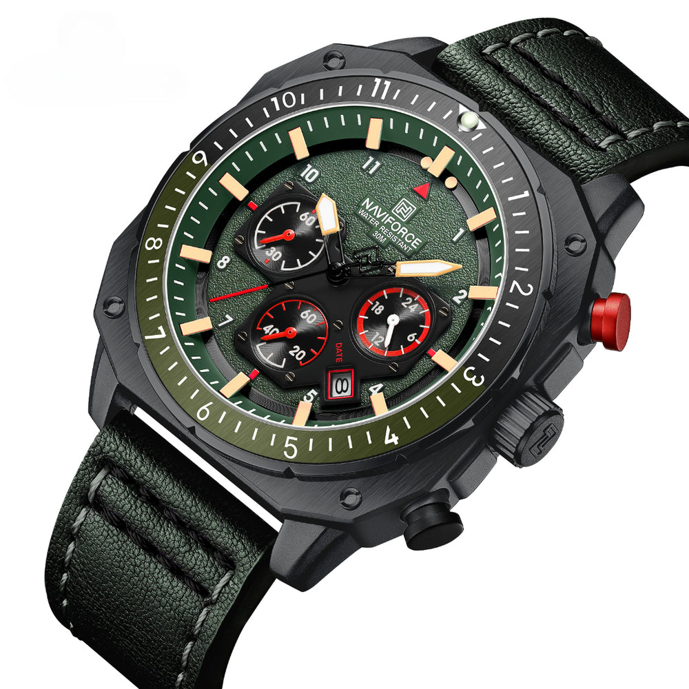 Relógio Esportivo Masculino Naviforce NF8057 Cronógrafo de Quartzo Vintage Militar com Caixa Dodecagonal e Pulseira de Couro Genuíno
