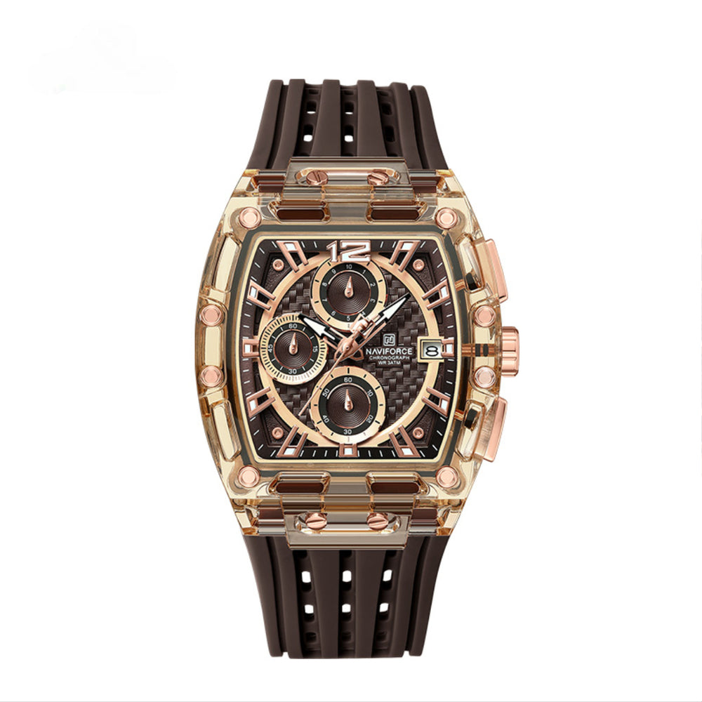 Relógio Esportivo Masculino Naviforce NF7105 Cronógrafo de Quartzo com Caixa Transparente e Pulseira de Silicone