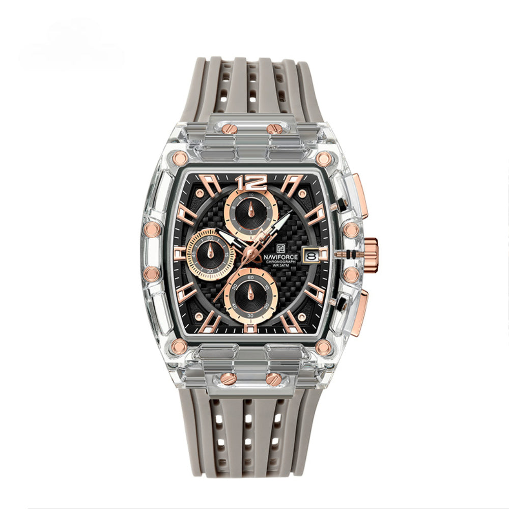 Relógio Esportivo Masculino Naviforce NF7105 Cronógrafo de Quartzo com Caixa Transparente e Pulseira de Silicone