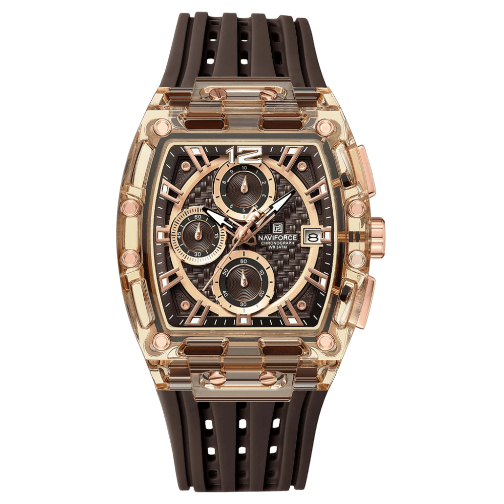 Relógio Esportivo Masculino Naviforce NF7105 Cronógrafo de Quartzo com Caixa Transparente e Pulseira de Silicone
