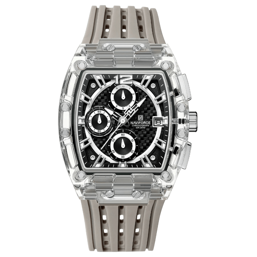 Relógio Esportivo Masculino Naviforce NF7105 Cronógrafo de Quartzo com Caixa Transparente e Pulseira de Silicone