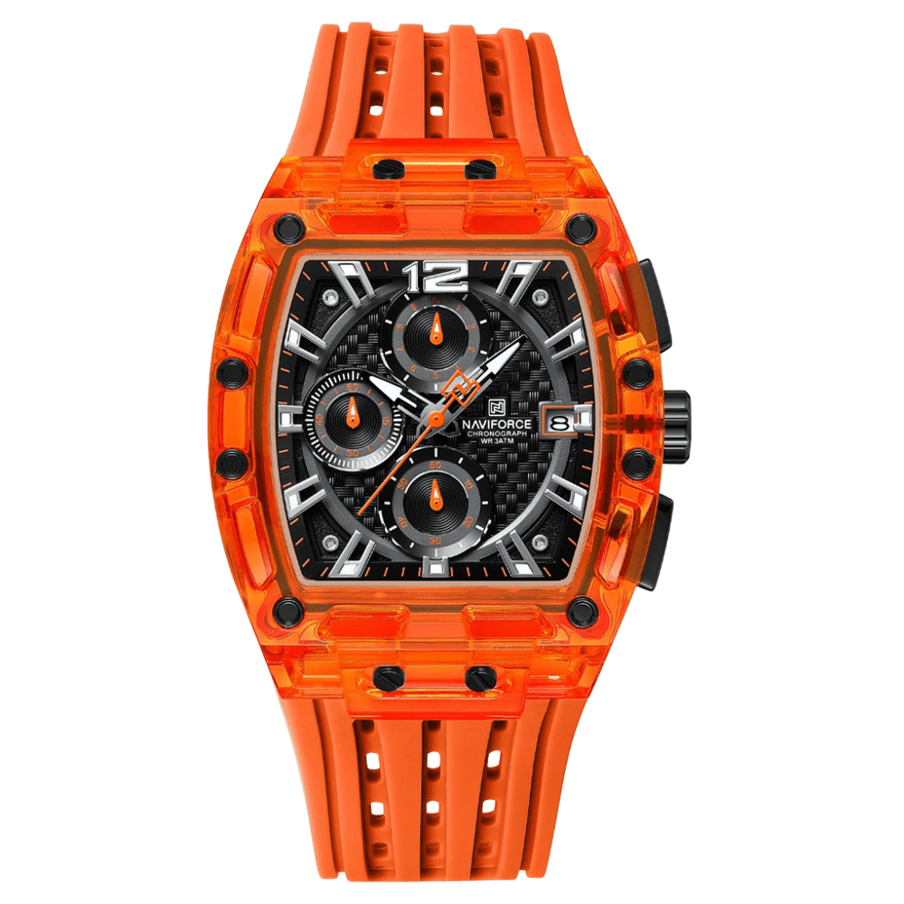 Relógio Esportivo Masculino Naviforce NF7105 Cronógrafo de Quartzo com Caixa Transparente e Pulseira de Silicone