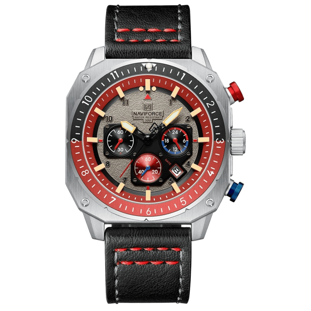 Relógio Esportivo Masculino Naviforce NF8057 Cronógrafo de Quartzo Vintage Militar com Caixa Dodecagonal e Pulseira de Couro Genuíno