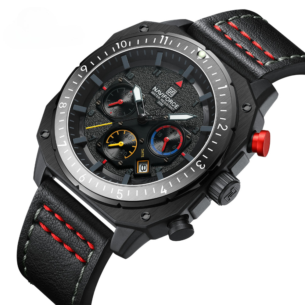 Relógio Esportivo Masculino Naviforce NF8057 Cronógrafo de Quartzo Vintage Militar com Caixa Dodecagonal e Pulseira de Couro Genuíno