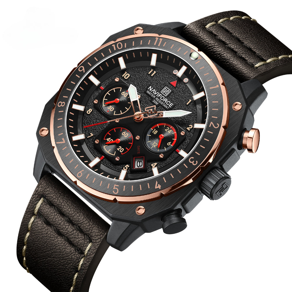 Relógio Esportivo Masculino Naviforce NF8057 Cronógrafo de Quartzo Vintage Militar com Caixa Dodecagonal e Pulseira de Couro Genuíno
