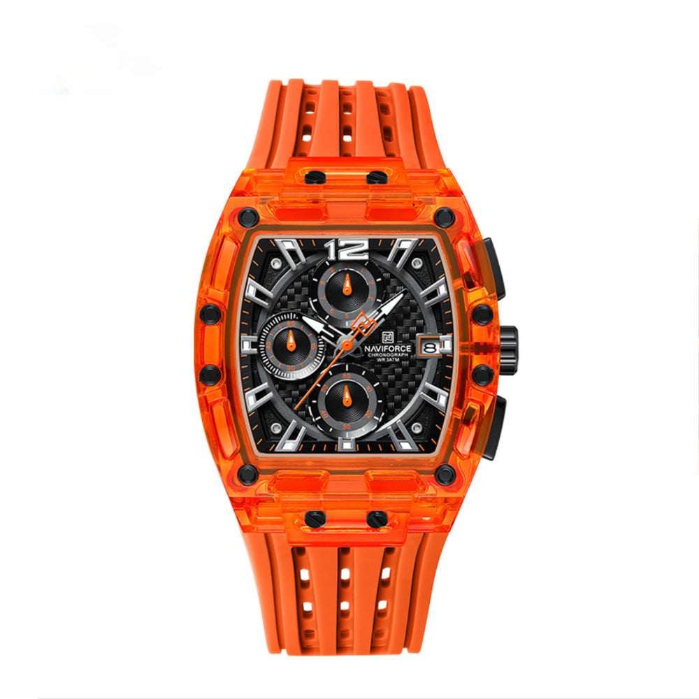 Relógio Esportivo Masculino Naviforce NF7105 Cronógrafo de Quartzo com Caixa Transparente e Pulseira de Silicone