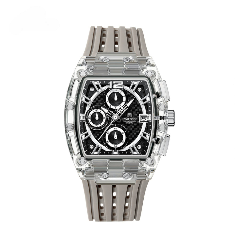 Relógio Esportivo Masculino Naviforce NF7105 Cronógrafo de Quartzo com Caixa Transparente e Pulseira de Silicone
