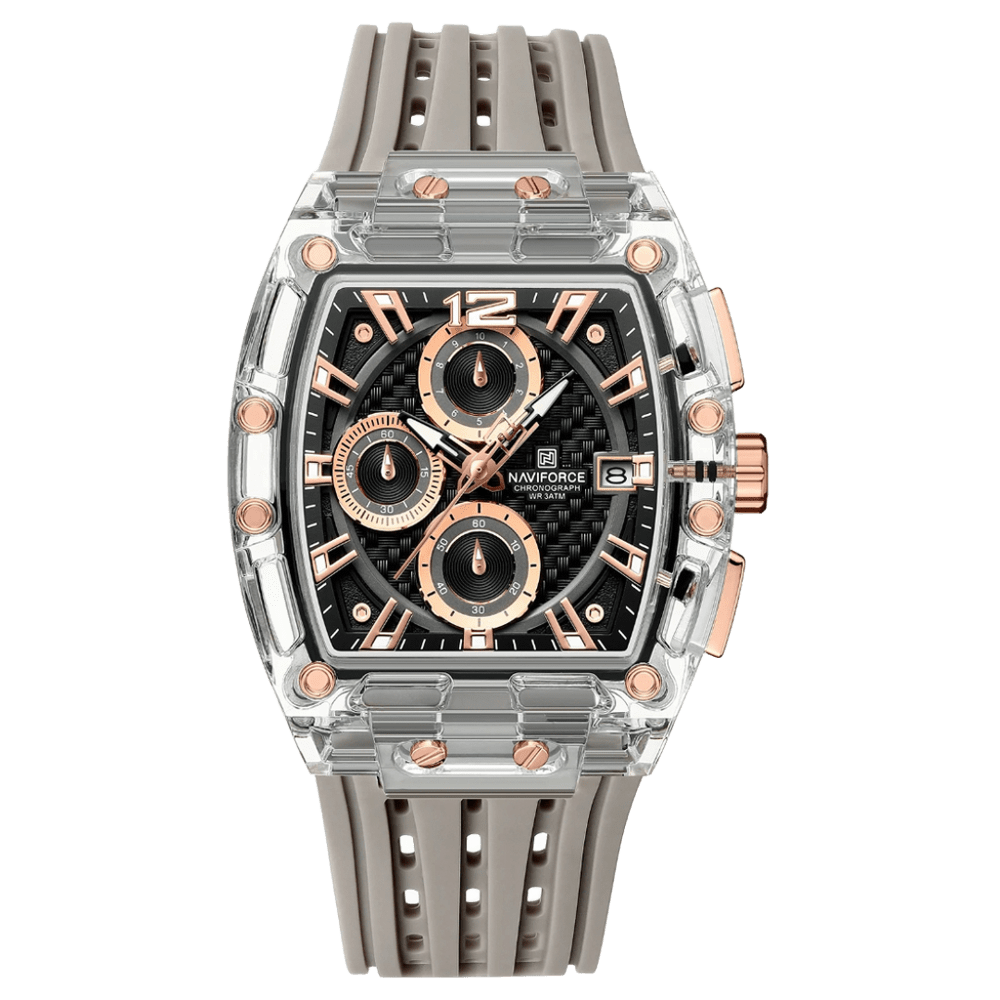 Relógio Esportivo Masculino Naviforce NF7105 Cronógrafo de Quartzo com Caixa Transparente e Pulseira de Silicone