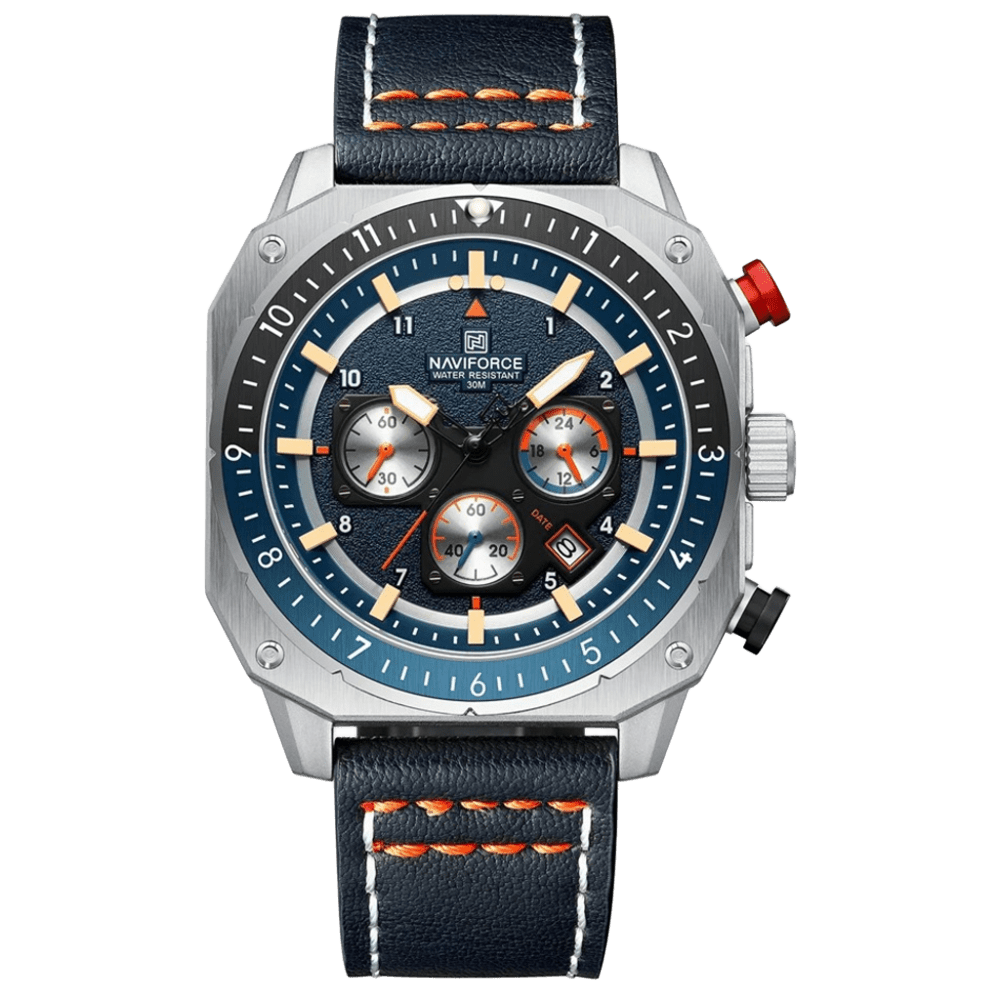 Relógio Esportivo Masculino Naviforce NF8057 Cronógrafo de Quartzo Vintage Militar com Caixa Dodecagonal e Pulseira de Couro Genuíno