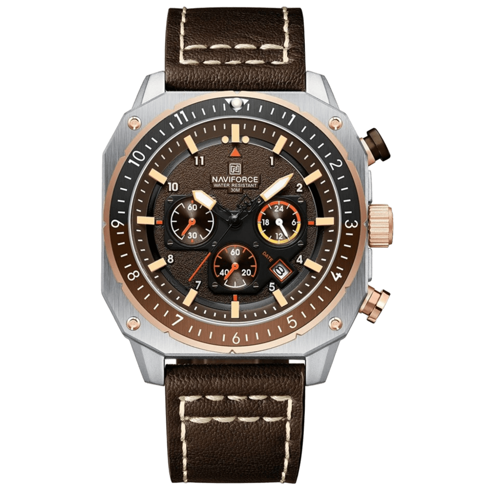 Relógio Esportivo Masculino Naviforce NF8057 Cronógrafo de Quartzo Vintage Militar com Caixa Dodecagonal e Pulseira de Couro Genuíno