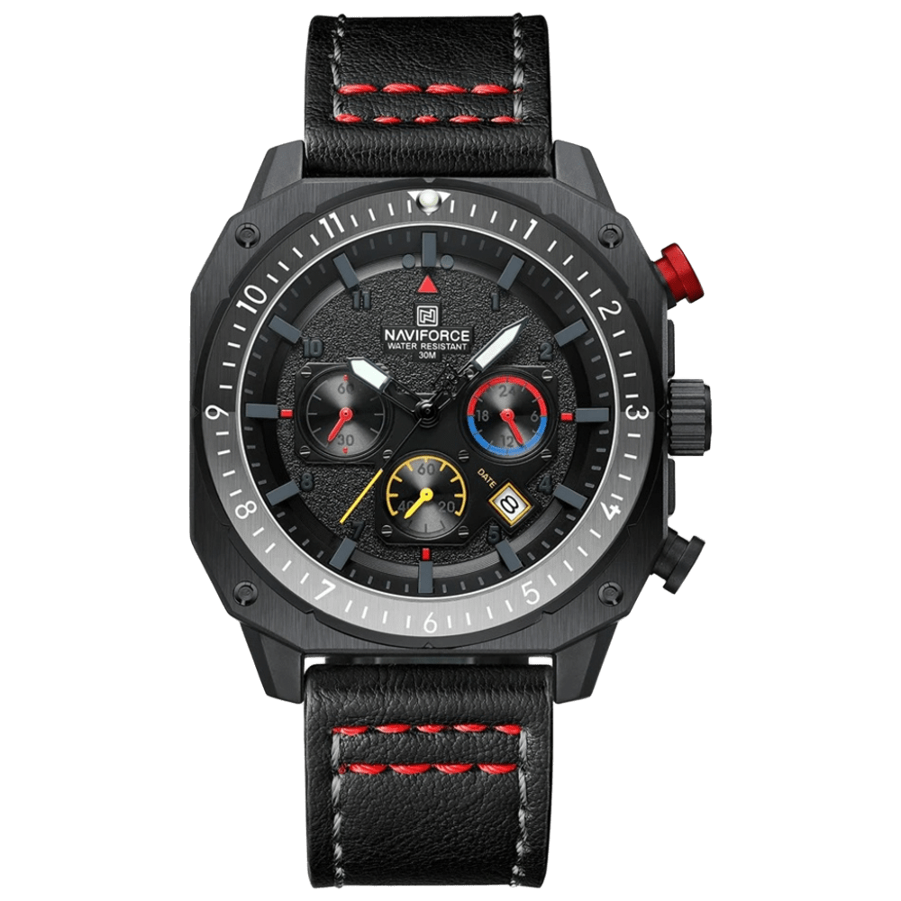 Relógio Esportivo Masculino Naviforce NF8057 Cronógrafo de Quartzo Vintage Militar com Caixa Dodecagonal e Pulseira de Couro Genuíno