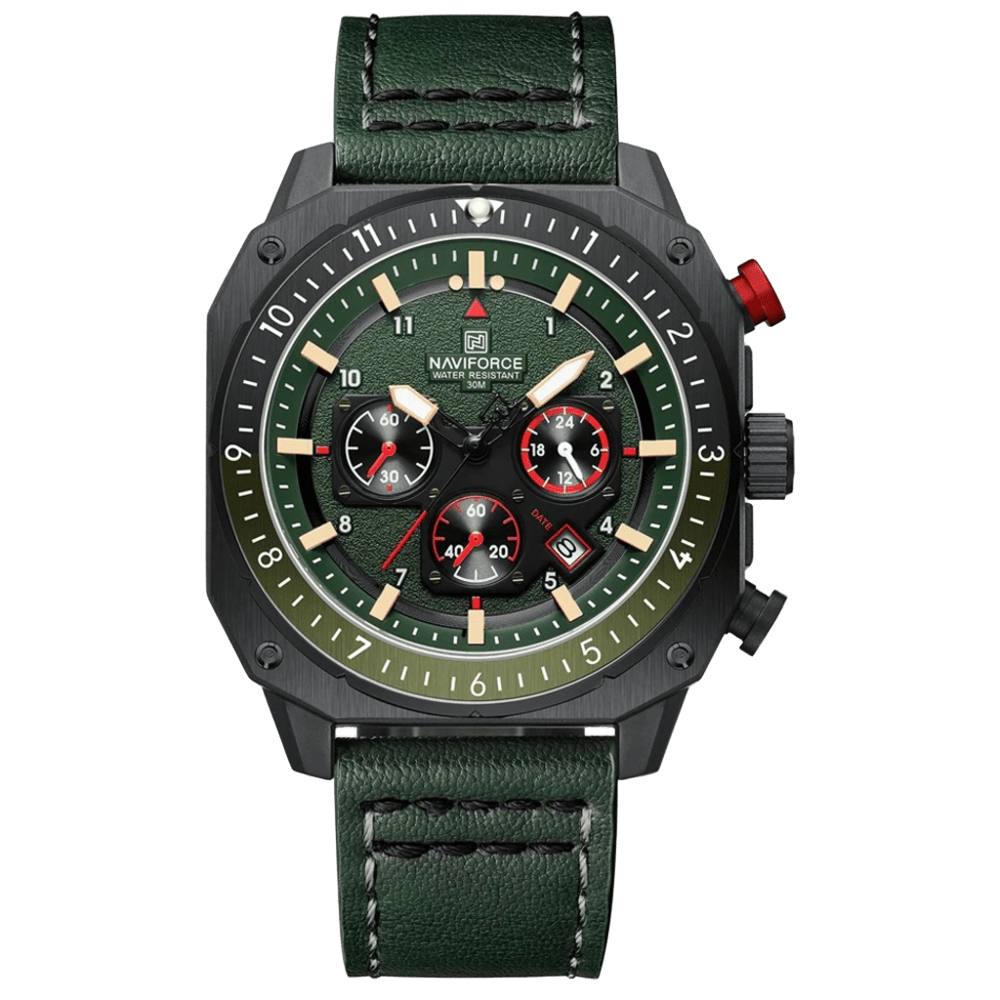 Relógio Esportivo Masculino Naviforce NF8057 Cronógrafo de Quartzo Vintage Militar com Caixa Dodecagonal e Pulseira de Couro Genuíno