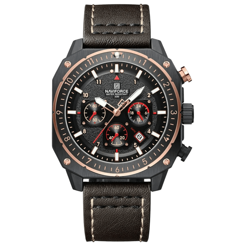 Relógio Esportivo Masculino Naviforce NF8057 Cronógrafo de Quartzo Vintage Militar com Caixa Dodecagonal e Pulseira de Couro Genuíno
