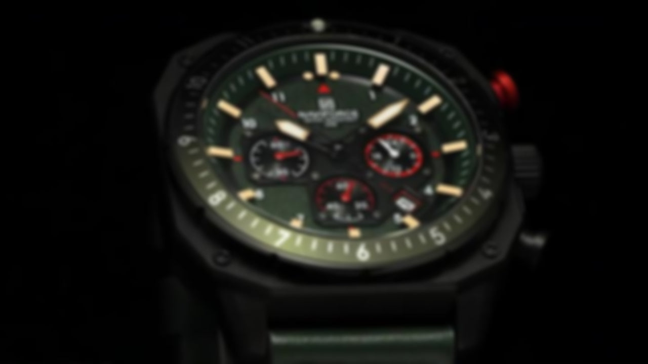 Ponsverus Capa Vídeo Relógio Esportivo Masculino Naviforce NF8057 Cronógrafo de Quartzo Vintage Militar com Caixa Dodecagonal e Pulseira de Couro Genuíno