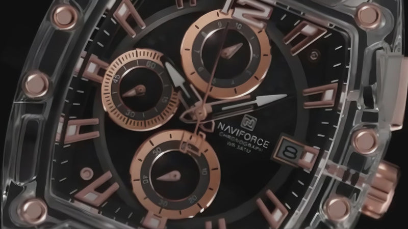 Ponsverus Vídeo Produto Relógio Esportivo Masculino Naviforce NF7105 Cronógrafo de Quartzo com Caixa Transparente e Pulseira de Silicone